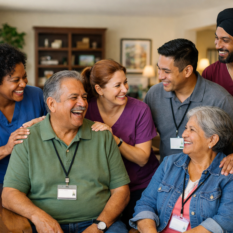 photographic Group of caregivers including older Hispanic caregivers and diverse staff working together in a senior living community warm and welcomin-1